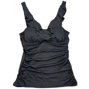 Lauren Ralph Lauren Beach Club Ruffle Tankini Top 4 Black Ruched Tummy‎ Control
